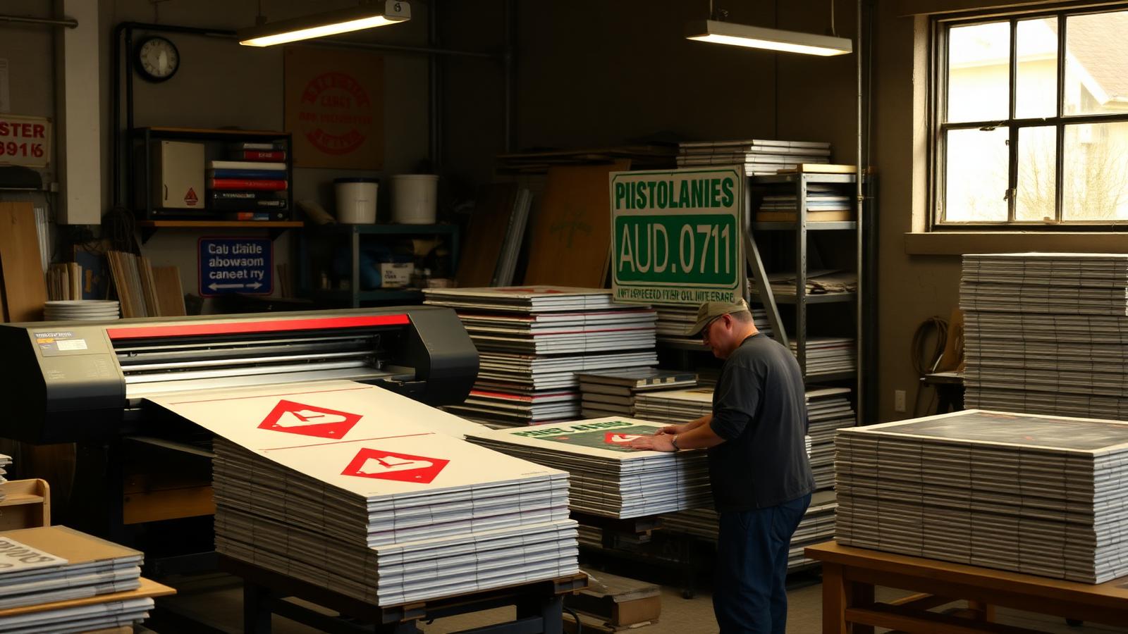 Rigid PVC, aluminium composite and self-adhesive vinyl safety sign materials being produced in an Irish workshop.