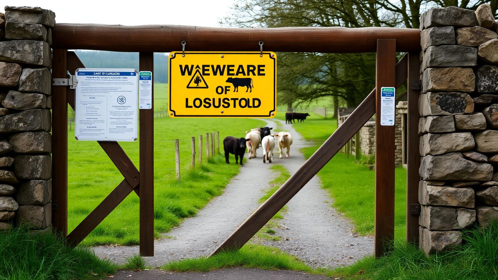 Yellow farm warning sign mounted on a wooden gate at an Irish farm entrance.