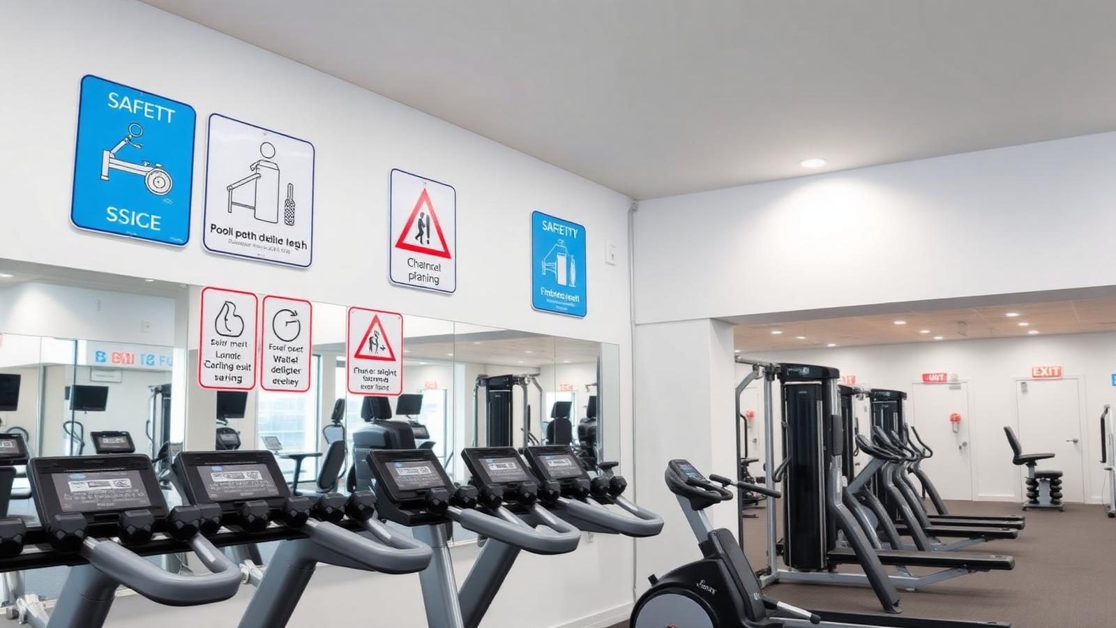 Safety signage inside an Irish gym showing equipment usage and emergency exit signs.