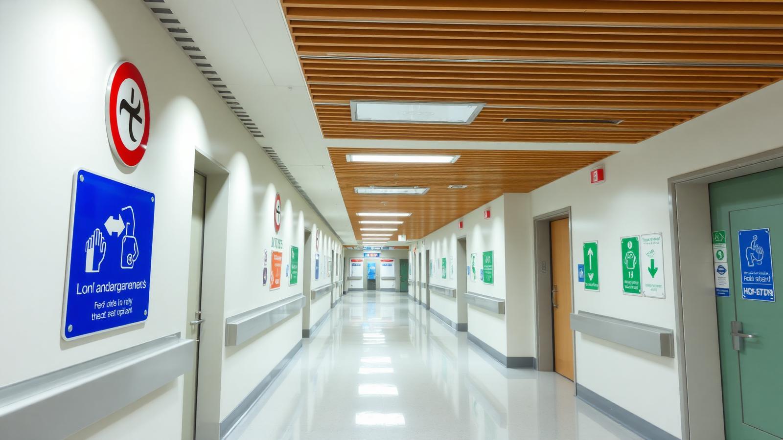 Healthcare safety signage including hand hygiene and directional signs in an Irish hospital corridor.