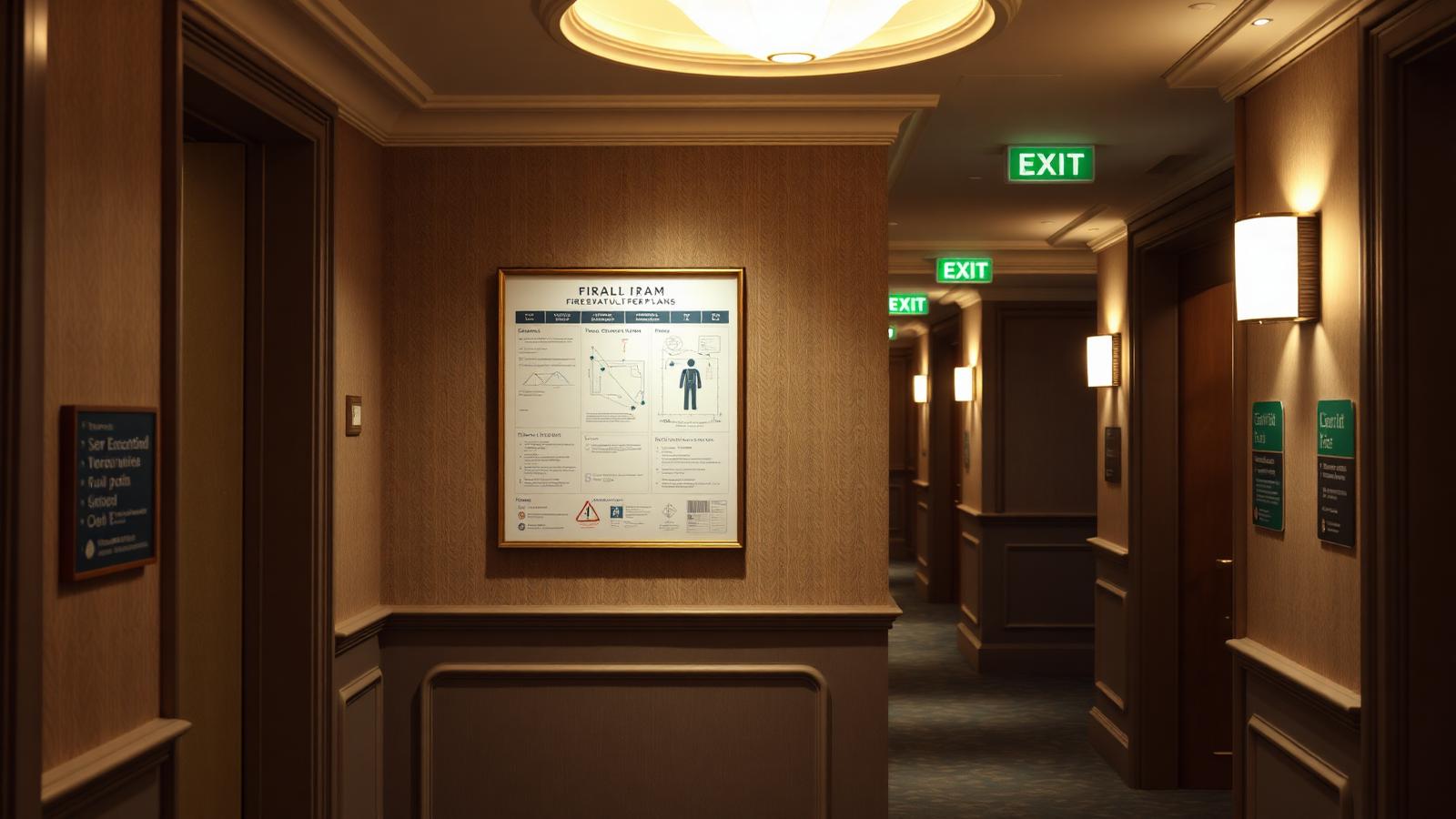 Fire evacuation plan and exit signage in an Irish hotel corridor.