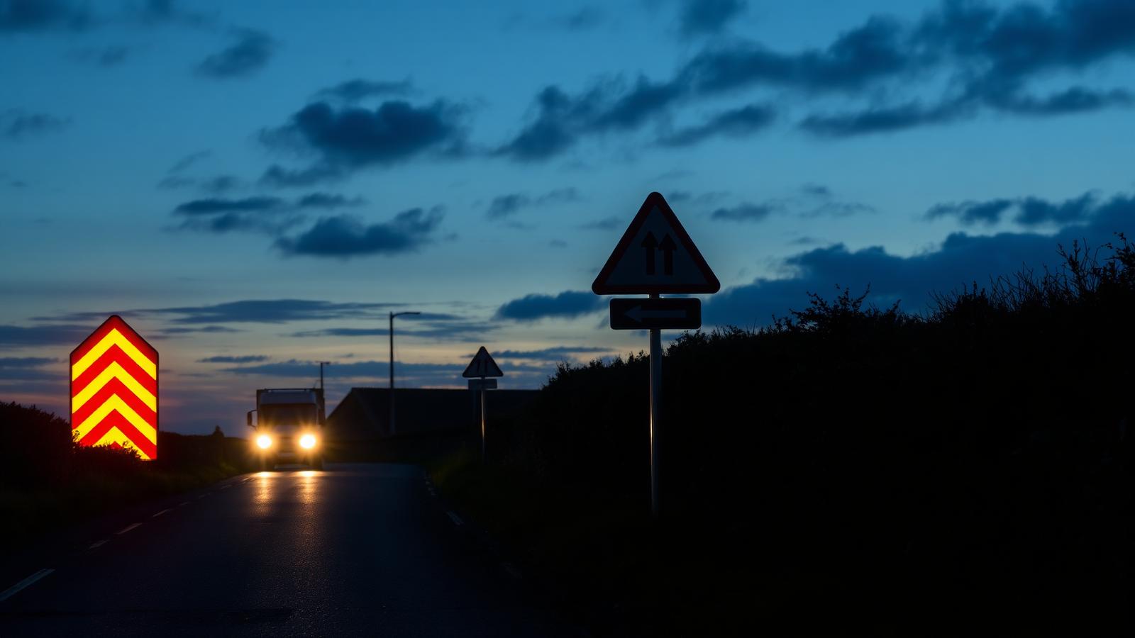 Reflective road traffic signs glowing on an Irish rural road at dusk.
